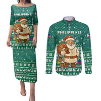 Philippines Christmas Couples Matching Puletasi and Long Sleeve Button Shirt with Green Geometric Design, Santa in Barong Tagalog, and National Coat of Arms Motif - Wonder Print Shop