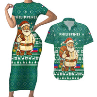 Philippines Christmas Couples Matching Short Sleeve Bodycon Dress and Hawaiian Shirt with Green Geometric Design, Santa in Barong Tagalog, and National Coat of Arms Motif - Wonder Print Shop