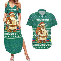 Philippines Christmas Couples Matching Summer Maxi Dress and Hawaiian Shirt with Green Geometric Design, Santa in Barong Tagalog, and National Coat of Arms Motif - Wonder Print Shop