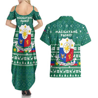 Philippines Christmas Couples Matching Summer Maxi Dress and Hawaiian Shirt with Green Geometric Design, Santa in Barong Tagalog, and National Coat of Arms Motif - Wonder Print Shop
