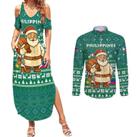 Philippines Christmas Couples Matching Summer Maxi Dress and Long Sleeve Button Shirt with Green Geometric Design, Santa in Barong Tagalog, and National Coat of Arms Motif - Wonder Print Shop