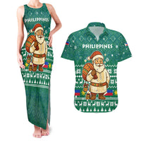 Philippines Christmas Couples Matching Tank Maxi Dress and Hawaiian Shirt with Green Geometric Design, Santa in Barong Tagalog, and National Coat of Arms Motif - Wonder Print Shop