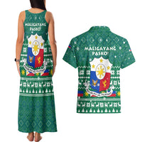 Philippines Christmas Couples Matching Tank Maxi Dress and Hawaiian Shirt with Green Geometric Design, Santa in Barong Tagalog, and National Coat of Arms Motif - Wonder Print Shop