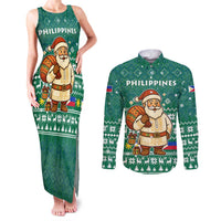 Philippines Christmas Couples Matching Tank Maxi Dress and Long Sleeve Button Shirt with Green Geometric Design, Santa in Barong Tagalog, and National Coat of Arms Motif - Wonder Print Shop