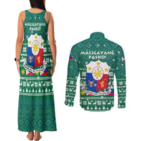 Philippines Christmas Couples Matching Tank Maxi Dress and Long Sleeve Button Shirt with Green Geometric Design, Santa in Barong Tagalog, and National Coat of Arms Motif - Wonder Print Shop