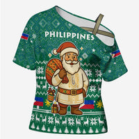 Philippines Christmas Cross Shoulder Shirt with Green Geometric Design, Santa in Barong Tagalog, and National Coat of Arms Motif - Wonder Print Shop