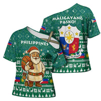 Philippines Christmas Cross Shoulder Shirt with Green Geometric Design, Santa in Barong Tagalog, and National Coat of Arms Motif - Wonder Print Shop