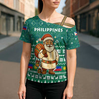 Philippines Christmas Cross Shoulder Shirt with Green Geometric Design, Santa in Barong Tagalog, and National Coat of Arms Motif - Wonder Print Shop