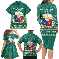 Philippines Christmas Family Matching Long Sleeve Bodycon Dress and Hawaiian Shirt with Green Geometric Design, Santa in Barong Tagalog, and National Coat of Arms Motif - Wonder Print Shop