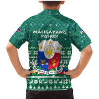Philippines Christmas Family Matching Mermaid Dress and Hawaiian Shirt with Green Geometric Design, Santa in Barong Tagalog, and National Coat of Arms Motif - Wonder Print Shop