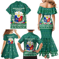 Philippines Christmas Family Matching Mermaid Dress and Hawaiian Shirt with Green Geometric Design, Santa in Barong Tagalog, and National Coat of Arms Motif - Wonder Print Shop