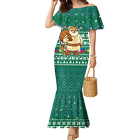 Philippines Christmas Family Matching Mermaid Dress and Hawaiian Shirt with Green Geometric Design, Santa in Barong Tagalog, and National Coat of Arms Motif - Wonder Print Shop