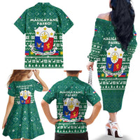 Philippines Christmas Family Matching Off The Shoulder Long Sleeve Dress and Hawaiian Shirt with Green Geometric Design, Santa in Barong Tagalog, and National Coat of Arms Motif - Wonder Print Shop