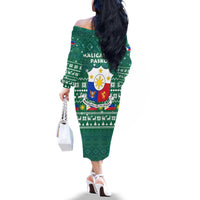 Philippines Christmas Family Matching Off The Shoulder Long Sleeve Dress and Hawaiian Shirt with Green Geometric Design, Santa in Barong Tagalog, and National Coat of Arms Motif - Wonder Print Shop