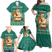 Philippines Christmas Family Matching Off Shoulder Maxi Dress and Hawaiian Shirt with Green Geometric Design, Santa in Barong Tagalog, and National Coat of Arms Motif - Wonder Print Shop