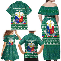 Philippines Christmas Family Matching Off Shoulder Maxi Dress and Hawaiian Shirt with Green Geometric Design, Santa in Barong Tagalog, and National Coat of Arms Motif - Wonder Print Shop