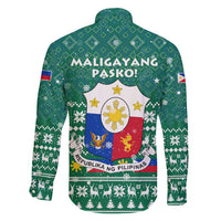 Philippines Christmas Family Matching Off Shoulder Maxi Dress and Hawaiian Shirt with Green Geometric Design, Santa in Barong Tagalog, and National Coat of Arms Motif - Wonder Print Shop