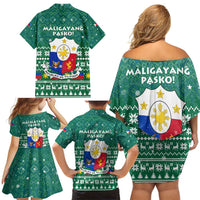Philippines Christmas Family Matching Off Shoulder Short Dress and Hawaiian Shirt with Green Geometric Design, Santa in Barong Tagalog, and National Coat of Arms Motif - Wonder Print Shop