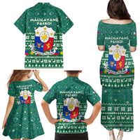 Philippines Christmas Family Matching Puletasi and Hawaiian Shirt with Green Geometric Design, Santa in Barong Tagalog, and National Coat of Arms Motif - Wonder Print Shop