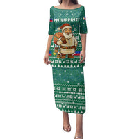 Philippines Christmas Family Matching Puletasi and Hawaiian Shirt with Green Geometric Design, Santa in Barong Tagalog, and National Coat of Arms Motif - Wonder Print Shop
