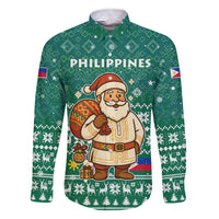 Philippines Christmas Family Matching Short Sleeve Bodycon Dress and Hawaiian Shirt with Green Geometric Design, Santa in Barong Tagalog, and National Coat of Arms Motif - Wonder Print Shop