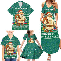 Philippines Christmas Family Matching Summer Maxi Dress and Hawaiian Shirt with Green Geometric Design, Santa in Barong Tagalog, and National Coat of Arms Motif - Wonder Print Shop
