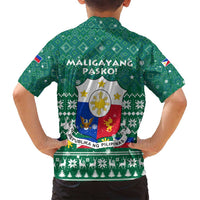Philippines Christmas Family Matching Tank Maxi Dress and Hawaiian Shirt with Green Geometric Design, Santa in Barong Tagalog, and National Coat of Arms Motif - Wonder Print Shop
