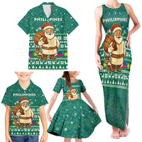 Philippines Christmas Family Matching Tank Maxi Dress and Hawaiian Shirt with Green Geometric Design, Santa in Barong Tagalog, and National Coat of Arms Motif - Wonder Print Shop