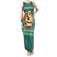Philippines Christmas Family Matching Tank Maxi Dress and Hawaiian Shirt with Green Geometric Design, Santa in Barong Tagalog, and National Coat of Arms Motif - Wonder Print Shop