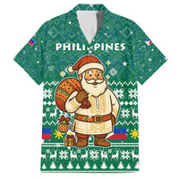 Philippines Christmas Hawaiian Shirt with Green Geometric Design, Santa in Barong Tagalog, and National Coat of Arms Motif - Wonder Print Shop