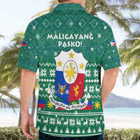 Philippines Christmas Hawaiian Shirt with Green Geometric Design, Santa in Barong Tagalog, and National Coat of Arms Motif - Wonder Print Shop
