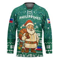 Philippines Christmas Hockey Jersey with Green Geometric Design, Santa in Barong Tagalog, and National Coat of Arms Motif - Wonder Print Shop