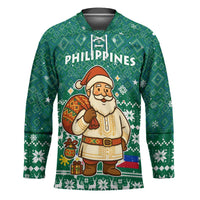 Philippines Christmas Hockey Jersey with Green Geometric Design, Santa in Barong Tagalog, and National Coat of Arms Motif - Wonder Print Shop