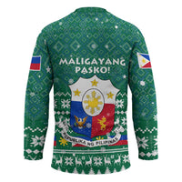 Philippines Christmas Hockey Jersey with Green Geometric Design, Santa in Barong Tagalog, and National Coat of Arms Motif - Wonder Print Shop