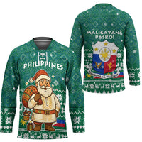 Philippines Christmas Hockey Jersey with Green Geometric Design, Santa in Barong Tagalog, and National Coat of Arms Motif - Wonder Print Shop