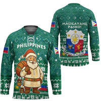 Philippines Christmas Hockey Jersey with Green Geometric Design, Santa in Barong Tagalog, and National Coat of Arms Motif - Wonder Print Shop