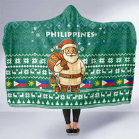 Philippines Christmas Hooded Blanket with Green Geometric Design, Santa in Barong Tagalog, and National Coat of Arms Motif - Wonder Print Shop