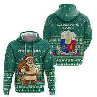 Philippines Christmas Hoodie with Green Geometric Design, Santa in Barong Tagalog, and National Coat of Arms Motif - Wonder Print Shop