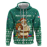 Philippines Christmas Hoodie with Green Geometric Design, Santa in Barong Tagalog, and National Coat of Arms Motif - Wonder Print Shop