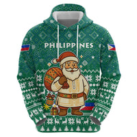 Philippines Christmas Hoodie with Green Geometric Design, Santa in Barong Tagalog, and National Coat of Arms Motif - Wonder Print Shop