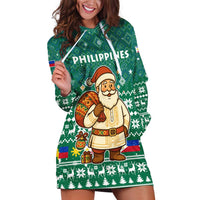 Philippines Christmas Hoodie Dress with Green Geometric Design, Santa in Barong Tagalog, and National Coat of Arms Motif - Wonder Print Shop