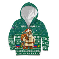 Philippines Christmas Kid Hoodie with Green Geometric Design, Santa in Barong Tagalog, and National Coat of Arms Motif - Wonder Print Shop
