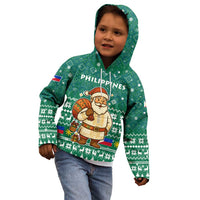 Philippines Christmas Kid Hoodie with Green Geometric Design, Santa in Barong Tagalog, and National Coat of Arms Motif - Wonder Print Shop