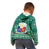Philippines Christmas Kid Hoodie with Green Geometric Design, Santa in Barong Tagalog, and National Coat of Arms Motif - Wonder Print Shop