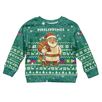 Philippines Christmas Kid Ugly Christmas Sweater with Green Geometric Design, Santa in Barong Tagalog, and National Coat of Arms Motif - Wonder Print Shop