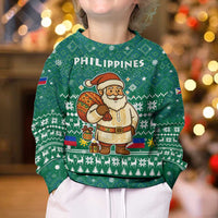 Philippines Christmas Kid Ugly Christmas Sweater with Green Geometric Design, Santa in Barong Tagalog, and National Coat of Arms Motif - Wonder Print Shop