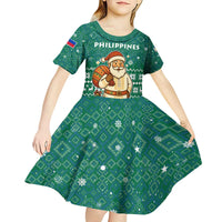 Philippines Christmas Kid Short Sleeve Dress with Green Geometric Design, Santa in Barong Tagalog, and National Coat of Arms Motif - Wonder Print Shop