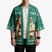Philippines Christmas Kimono with Green Geometric Design, Santa in Barong Tagalog, and National Coat of Arms Motif - Wonder Print Shop