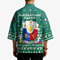 Philippines Christmas Kimono with Green Geometric Design, Santa in Barong Tagalog, and National Coat of Arms Motif - Wonder Print Shop