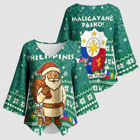 Philippines Christmas Kimono Sleeve Blouse with Green Geometric Design, Santa in Barong Tagalog, and National Coat of Arms Motif - Wonder Print Shop